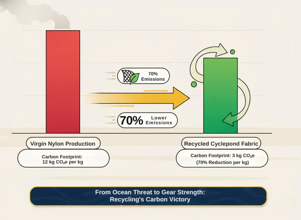 Infographic bar chart comparing the carbon footprint of virgin nylon production versus recycled Cyclepond fabric, highlighting dramatic reductions in emissions for sustainable fishing gear materials, in a vibrant vector style with eco-themed icons and annotations evoking environmental passion and circular economy innovation.