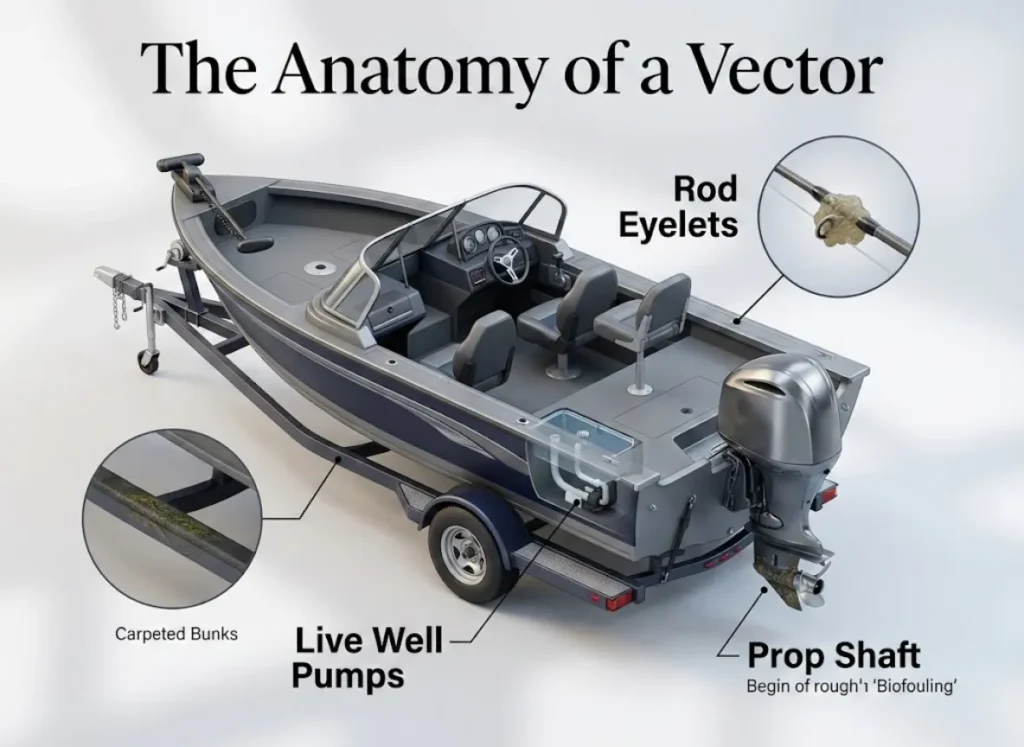 A high-end 3D infographic titled "The Anatomy of a Vector," displaying a modern fishing boat on a trailer. Callout lines point to specific areas prone to invasive species damage, including the prop shaft, carpeted bunks, and live wells, with close-up insets of zebra mussels and spiny water fleas.