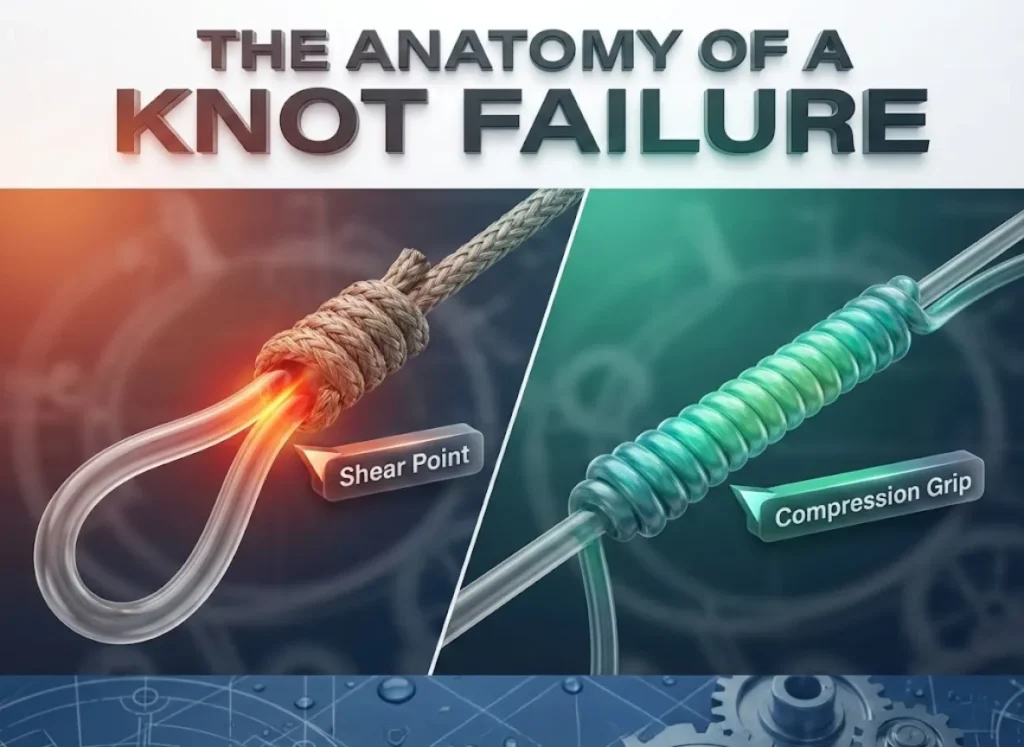 A split-screen 3D infographic titled "The Anatomy of a Knot Failure." The left side shows a friction knot cutting into a line with a label "Shear Point," while the right side shows a compression knot gripping a line with the label "Compression Grip."
