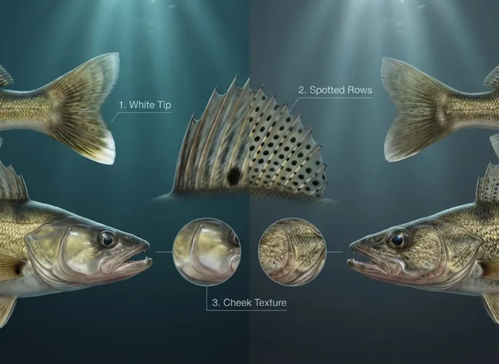 A realistic side-by-side comparison infographic of a Walleye and a Sauger fish, highlighting three key identification points: the white tail tip on the Walleye, the dorsal fin spots on the Sauger, and the cheek texture differences.