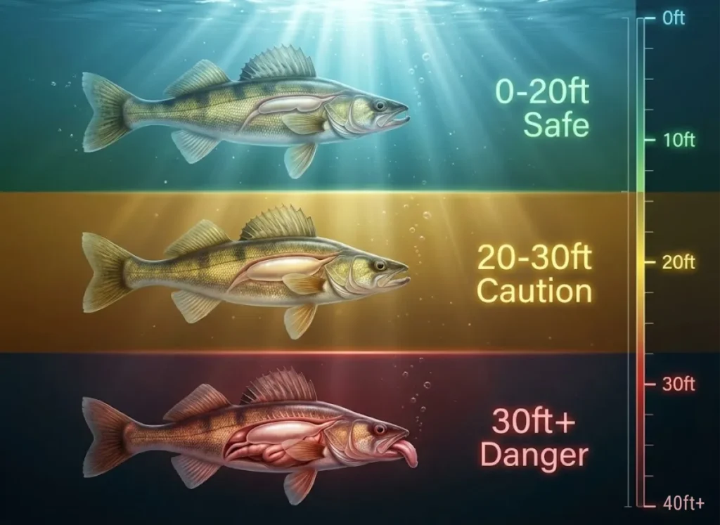 A vertical color-coded depth chart showing a cross-section of a lake. It illustrates a Walleye fish at three different depths: a Safe Green Zone (0-20ft) with normal anatomy, a Caution Yellow Zone (20-30ft) with expanding gas, and a Danger Red Zone (30ft+) showing the stomach protruding from the mouth due to barotrauma.