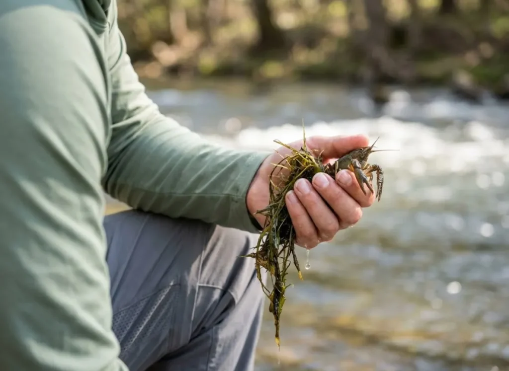 A close-up of an angler's hand holding aquatic weeds and a small organism for identification against a river background.