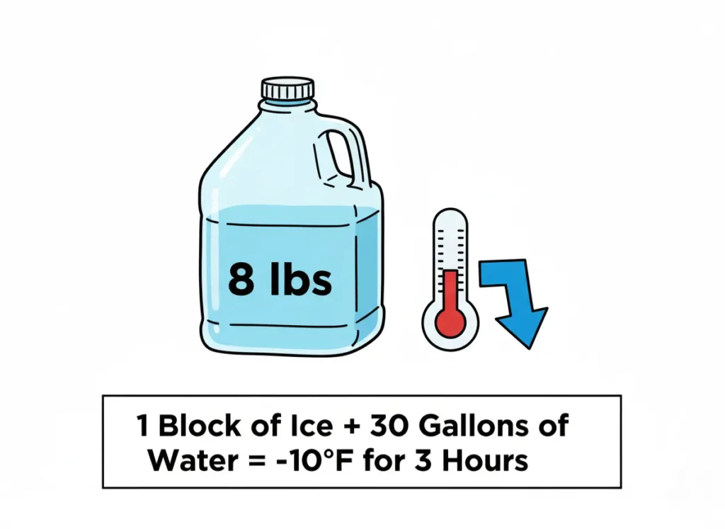An infographic illustrating the 10-degree rule for cooling a livewell, showing that one 8-pound block of ice cools 30 gallons of water by approximately 10°F for about three hours.
