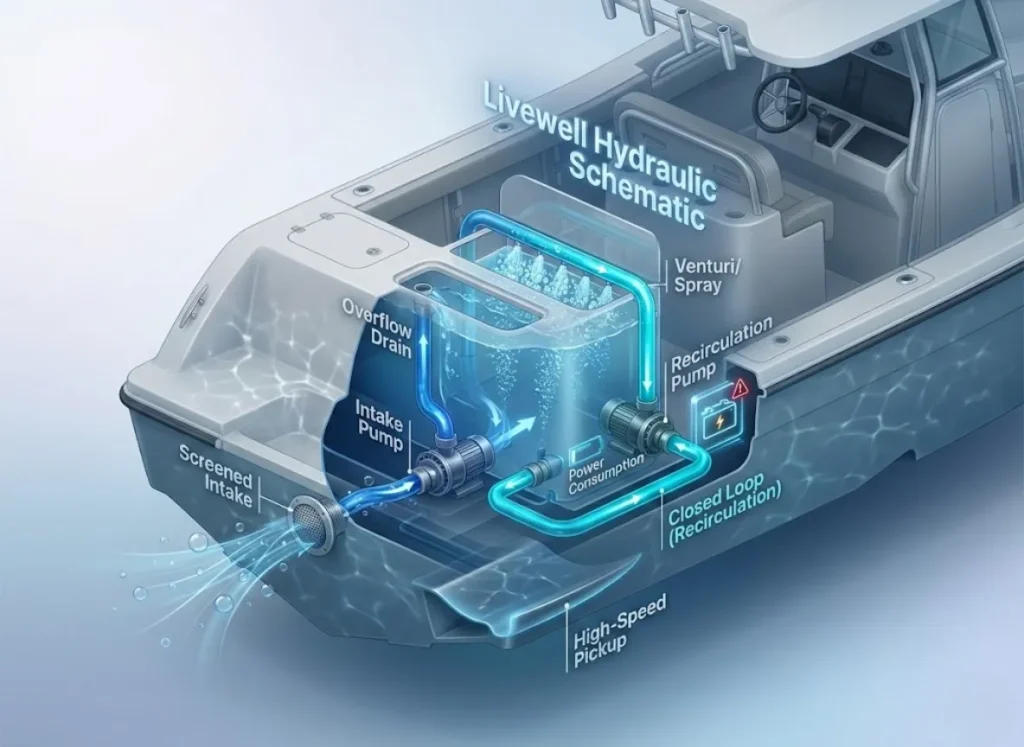 A detailed 3D cross-section diagram of a marine livewell system, visually comparing the Open Loop intake mechanism against the Closed Loop recirculation flow, highlighting pumps, high-speed pickups, and water flow direction.