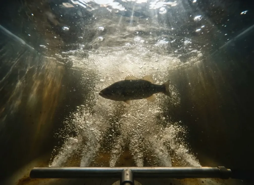 Underwater view inside a livewell showing aeration bubbles and a bass silhouette.