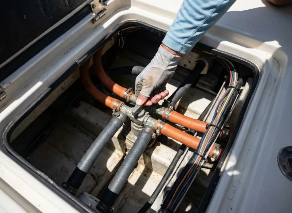 View inside a boat bilge showing livewell pumps, hoses, and flow-rite valve systems.
