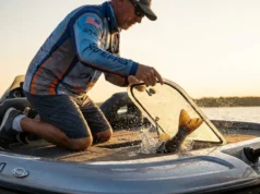 How to Use a Livewell: Complete Survival Guide Angler checking a livewell on a bass boat with water splashing from a healthy fish inside.