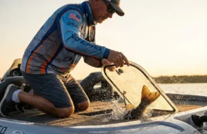 How to Use a Livewell: Complete Survival Guide Angler checking a livewell on a bass boat with water splashing from a healthy fish inside.
