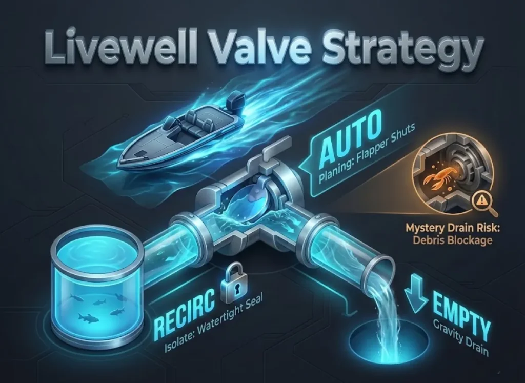 A premium 3D isometric infographic titled 'Livewell Valve Strategy' illustrating the decision logic for Bass Boat valve systems. It visualizes three distinct paths—Auto, Recirc, and Empty—with stylized mechanical cutaways showing flapper valves and water flow dynamics, set against a sleek dark background.