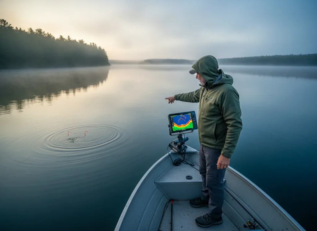 Angler on a boat reading a fish finder sonar to locate schools of perch.