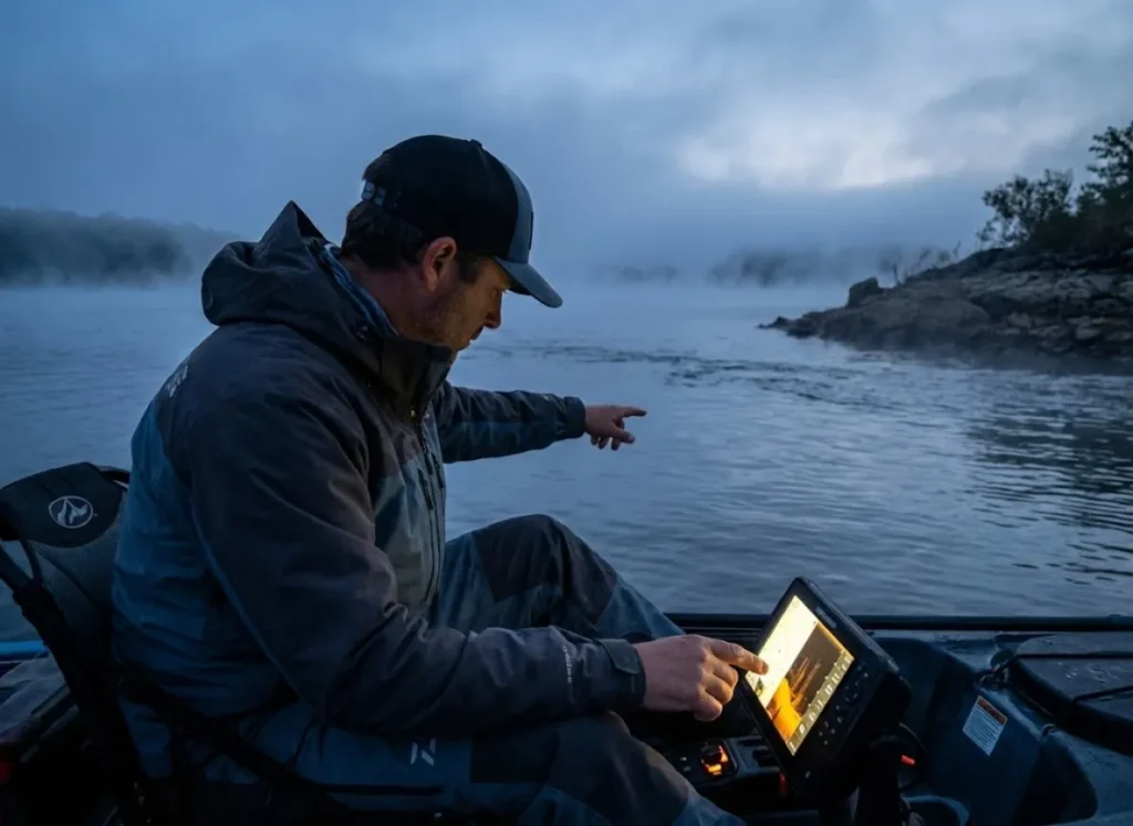 Angler in a boat looking at a fish finder while scouting a lake point at sunrise.