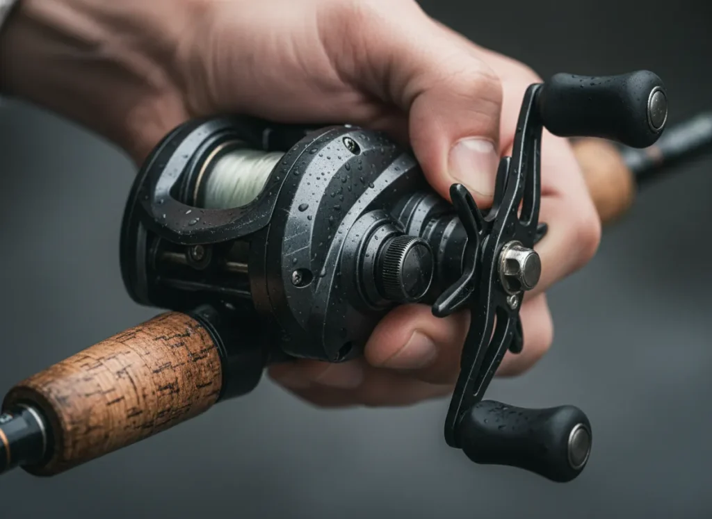 Close-up of an angler's hand cranking a baitcasting reel against heavy resistance.