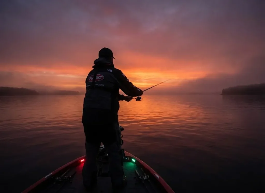 Silhouette of an angler casting a fishing rod at sunset on a calm lake.