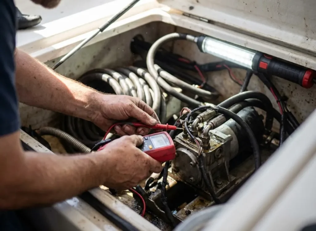 Close up of mechanic hands testing hydraulic pump voltage in a boat bilge compartment.