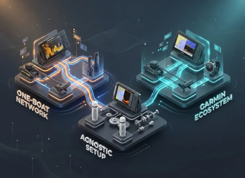 A high-end 3D infographic comparing marine electronic ecosystems, showing the integrated "One-Boat Network" of Humminbird and Minn Kota versus the "Agnostic" mix-and-match setup of Lowrance and Power-Pole.