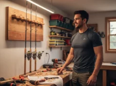 Master Your Gear: A DIY Rod Rack for All Rod Types A handsome man in a workshop proudly looking at the custom DIY wooden fishing rod rack he just built, which is mounted on the wall and filled with rods.