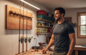 Master Your Gear: A DIY Rod Rack for All Rod Types A handsome man in a workshop proudly looking at the custom DIY wooden fishing rod rack he just built, which is mounted on the wall and filled with rods.