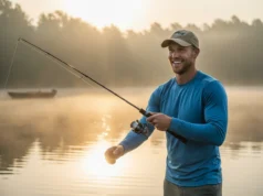 Mastering Perch Fishing: A Guide to Lures & Techniques A man in his early 30s smiles while casting a fishing rod on a tranquil lake during a beautiful sunrise.