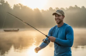 Mastering Perch Fishing: A Guide to Lures & Techniques A man in his early 30s smiles while casting a fishing rod on a tranquil lake during a beautiful sunrise.