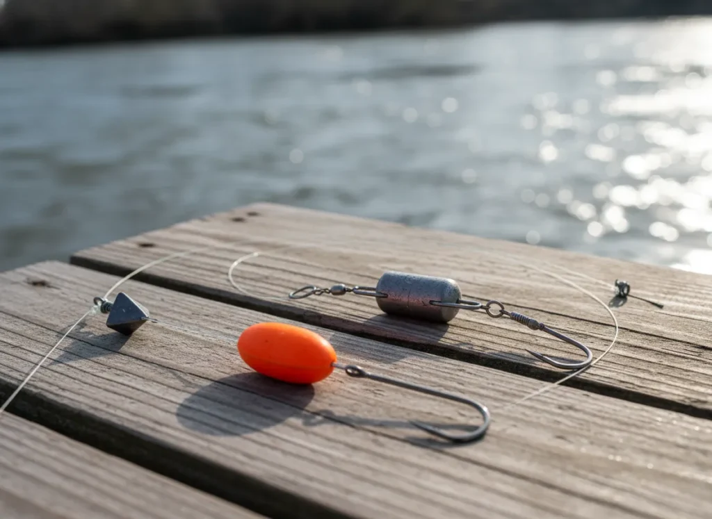 A close-up of essential river fishing rigs, including a Santee Cooper and a Wolf River rig, resting on a wooden dock.