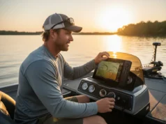 Mastering Your Fish Finder: Reading Arches & Structure A male angler in his 30s on a boat at sunset, looking intently at his fish finder screen which shows sonar readings of fish and underwater structure.