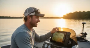 Mastering Your Fish Finder: Reading Arches & Structure A male angler in his 30s on a boat at sunset, looking intently at his fish finder screen which shows sonar readings of fish and underwater structure.