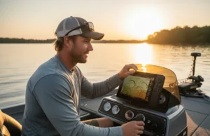 Mastering Your Fish Finder: Reading Arches & Structure A male angler in his 30s on a boat at sunset, looking intently at his fish finder screen which shows sonar readings of fish and underwater structure.