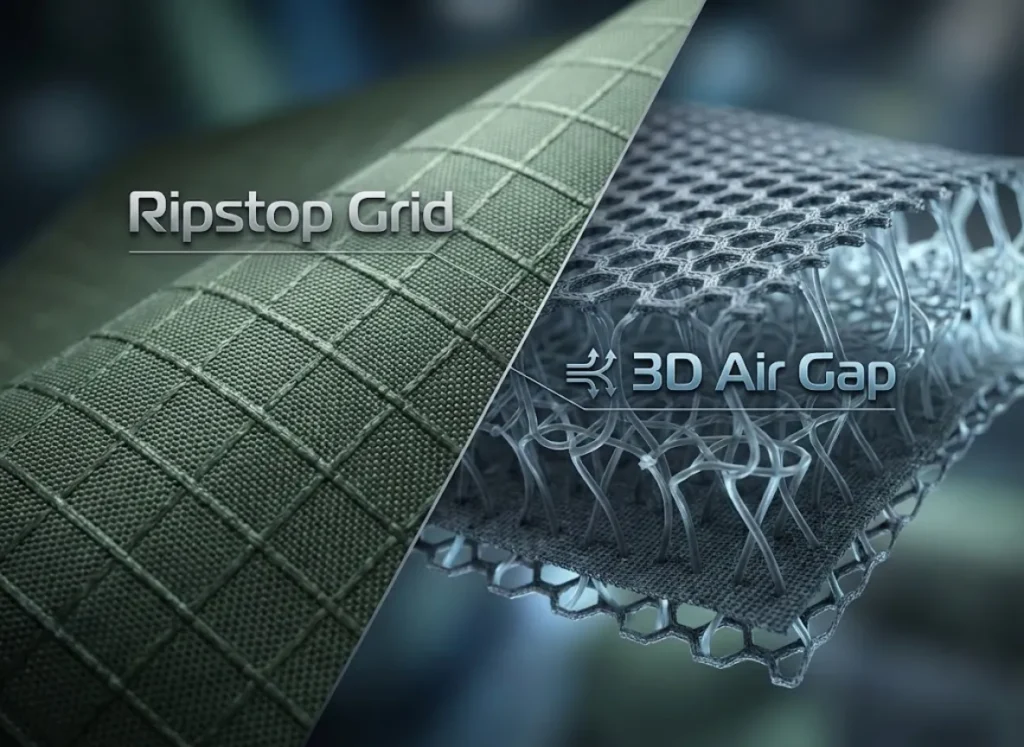 A split-screen macro visualization comparing the tight grid weave of Nylon Ripstop fabric against the porous, layered structure of 3D Spacer Mesh, labeled to show material science differences.
