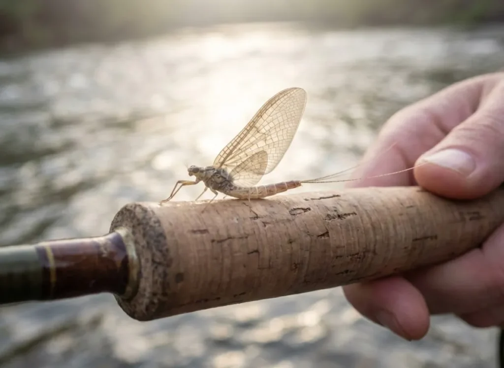 Macro shot of a mayfly dun with upright wings resting on a cork fly rod handle.