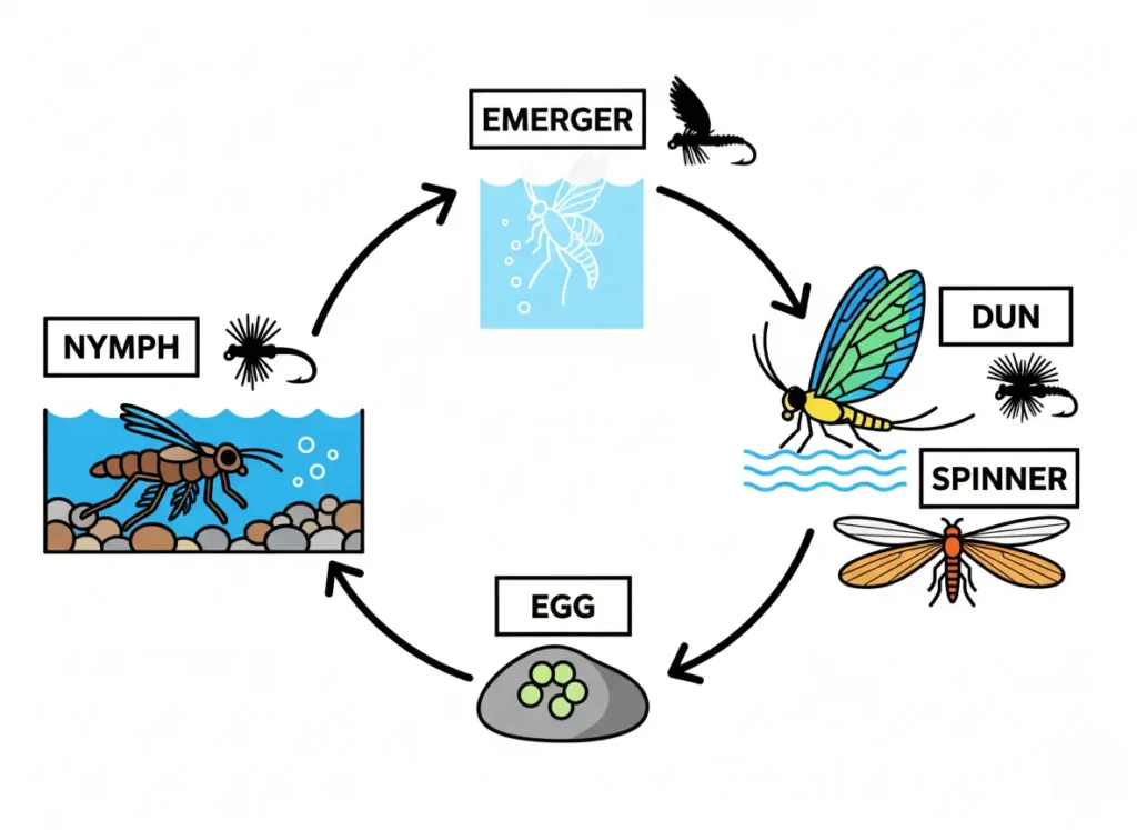 An infographic illustrating the five main stages of the mayfly life cycle for fly fishing: egg, nymph, emerger, dun, and spinner, with corresponding fly pattern silhouettes.