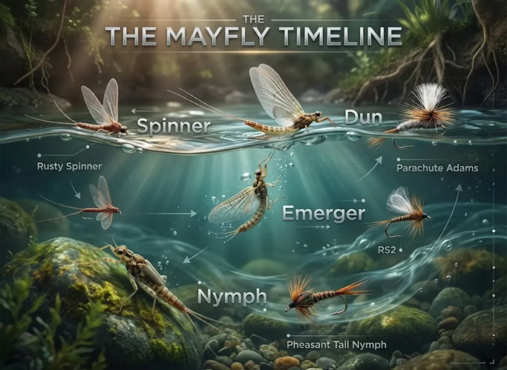 A split-level cross-section infographic of a river ecosystem illustrating the four stages of the Mayfly life cycle—Nymph, Emerger, Dun, and Spinner. Each biological stage is paired with its corresponding artificial fly fishing pattern (Pheasant Tail, RS2, Parachute Adams, Spinner pattern).