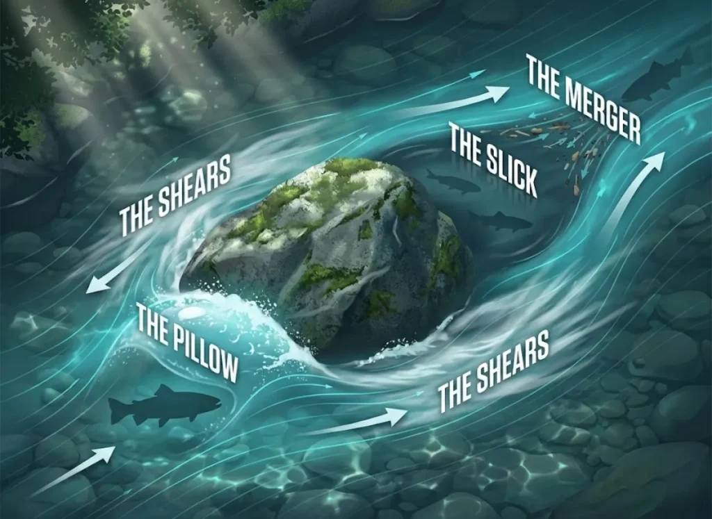 A high-definition, top-down diagram of a river boulder demonstrating fluid dynamics and fishing zones. The image labels "The Pillow" at the front, "The Shears" on the sides, "The Slick" immediately behind, and "The Merger" further downstream, with trout silhouettes positioned in the resting zones.