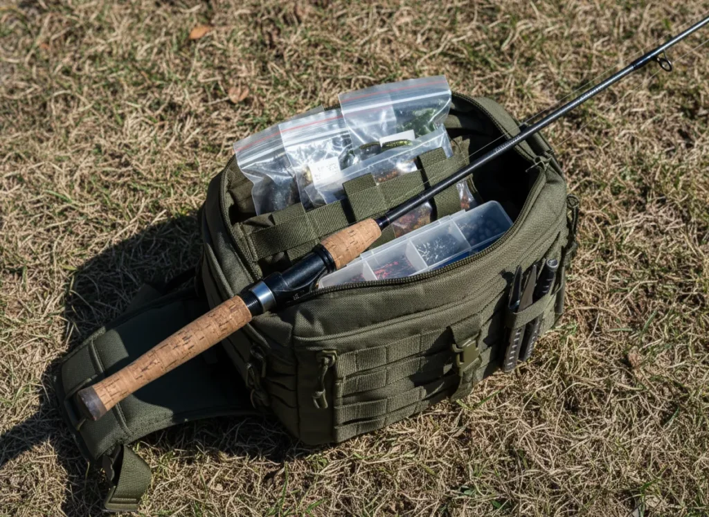 Minimalist mobile fishing setup featuring one spinning rod and a compact sling pack on the grass.