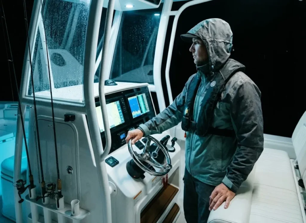 Angler navigating a boat at night wearing a life jacket, face illuminated by the glow of GPS electronics.