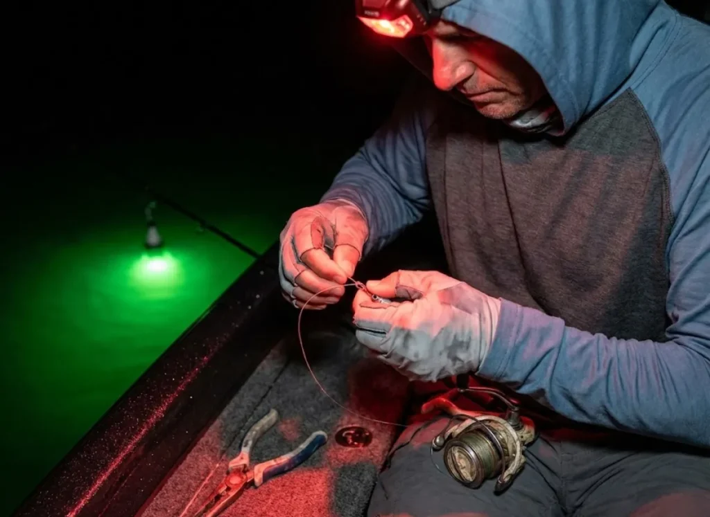 Close-up of angler hands tying a fishing knot illuminated by a red headlamp, with a green light glowing in the water background.