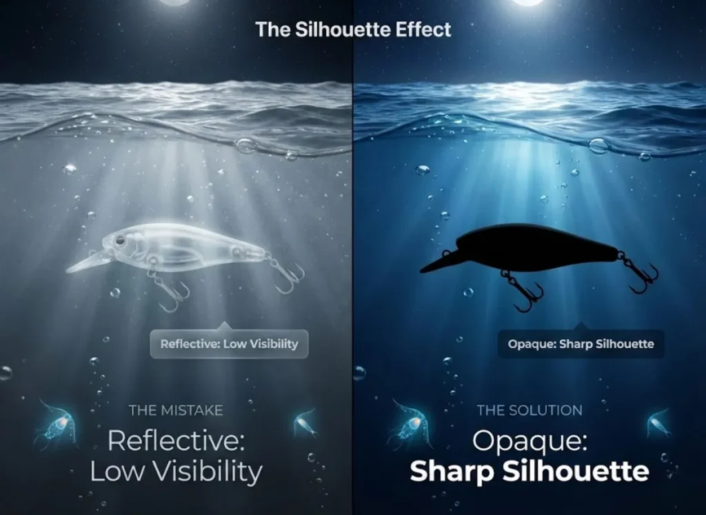A split-screen underwater infographic illustrating the Silhouette Effect. The left side shows a white fishing lure looking blurry and faint against the night surface; the right side shows a black lure creating a sharp, dark silhouette against the moonlit water surface.