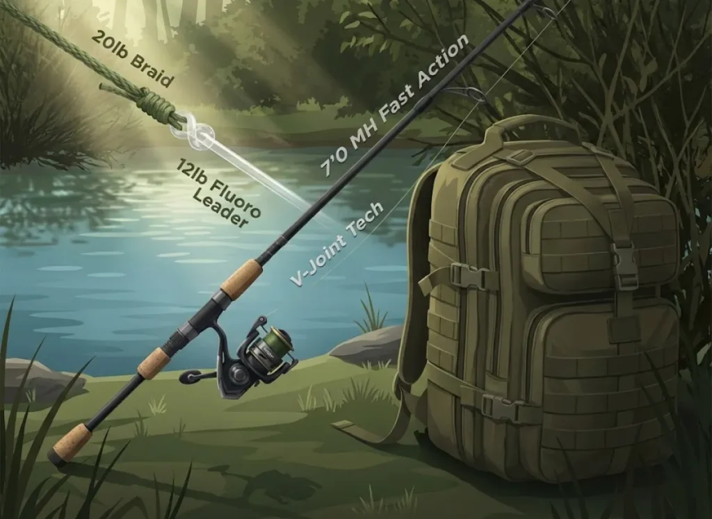 A high-definition editorial shot of a 7'0" spinning rod leaning against a tactical backpack near a pond, featuring a close-up visual of the braid-to-leader connection knot with floating technical specifications.