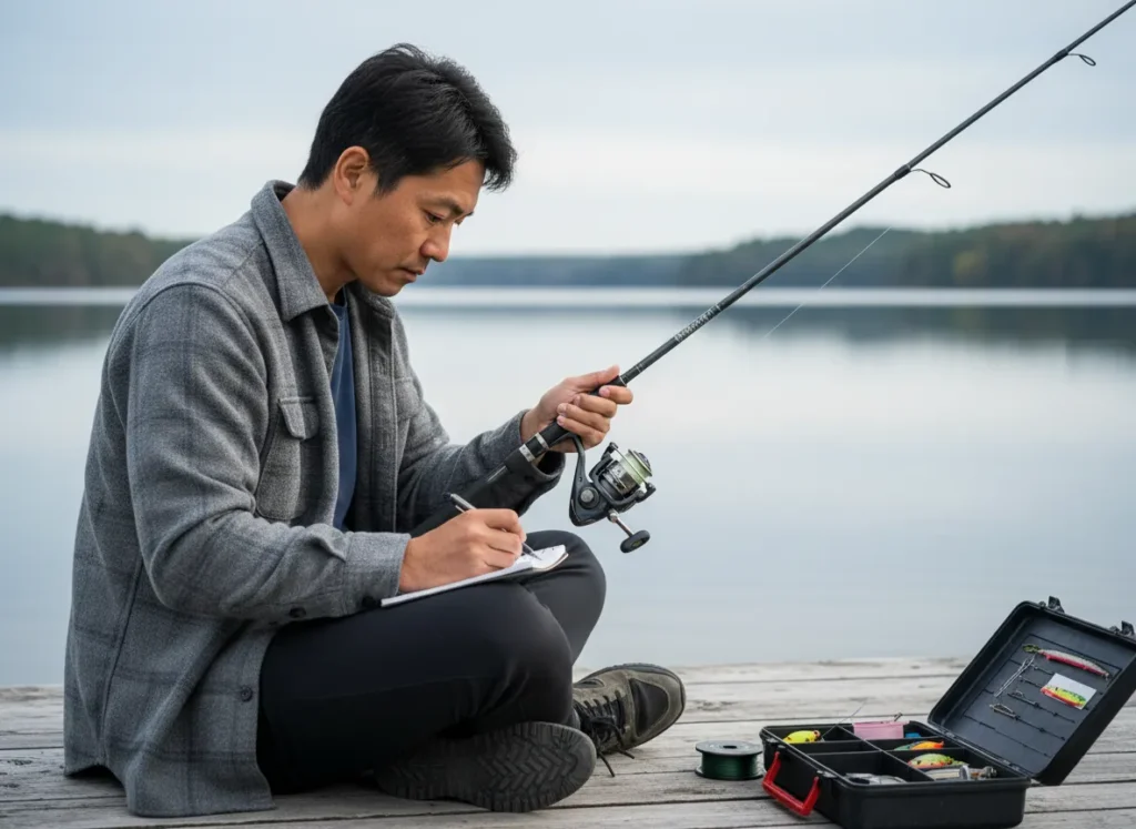 A man sits on a dock, testing a fishing rod and taking notes in a pad, illustrating a rigorous selection process.