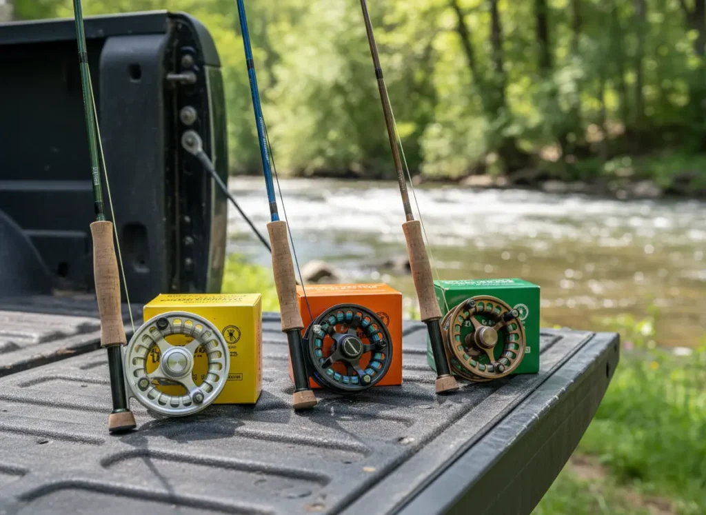 Three different beginner fly rod and reel combos laid out on a wooden surface for review and comparison.