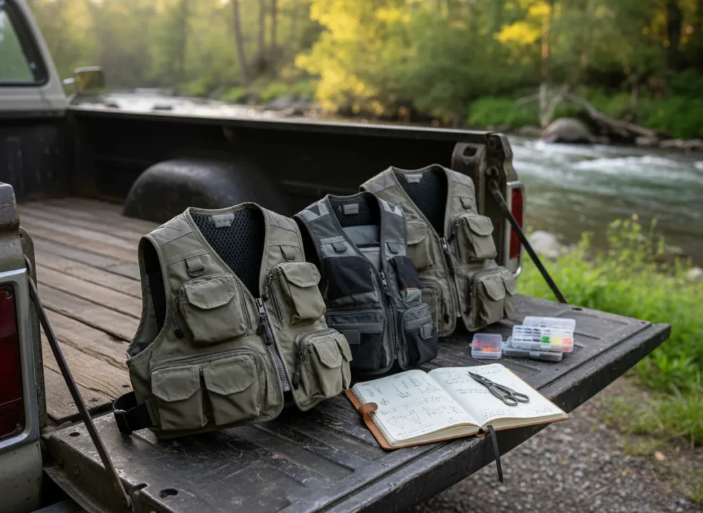 Three different fishing vests are laid out for review on a wooden surface with a notebook and fishing tools nearby.