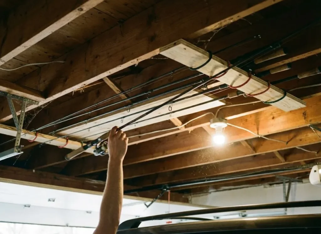 A view from below showing fishing rods securely mounted to a garage ceiling in a horizontal DIY rack.
