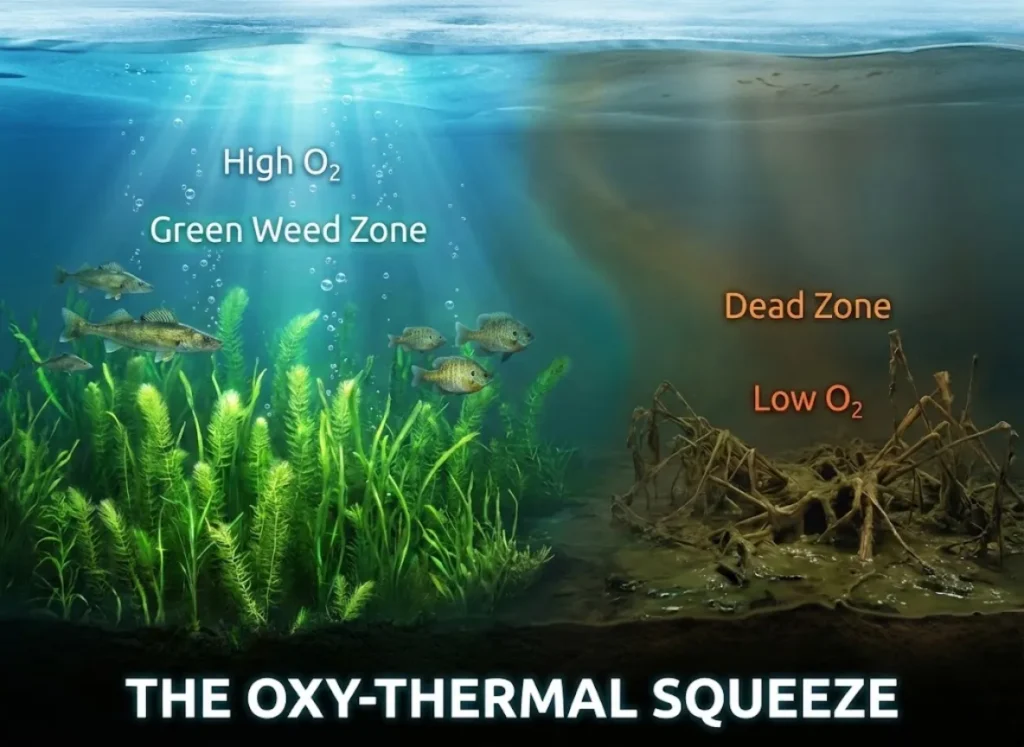 A detailed cross-section illustration of a frozen lake showing the "Oxy-Thermal Squeeze." The left side features vibrant green underwater weeds and sunlight penetrating the ice, labeled "Green Weed Zone" and "High O2," populated by schools of fish. The right side shows decaying brown weeds in darkness, labeled "Dead Zone" and "Low O2," devoid of fish.