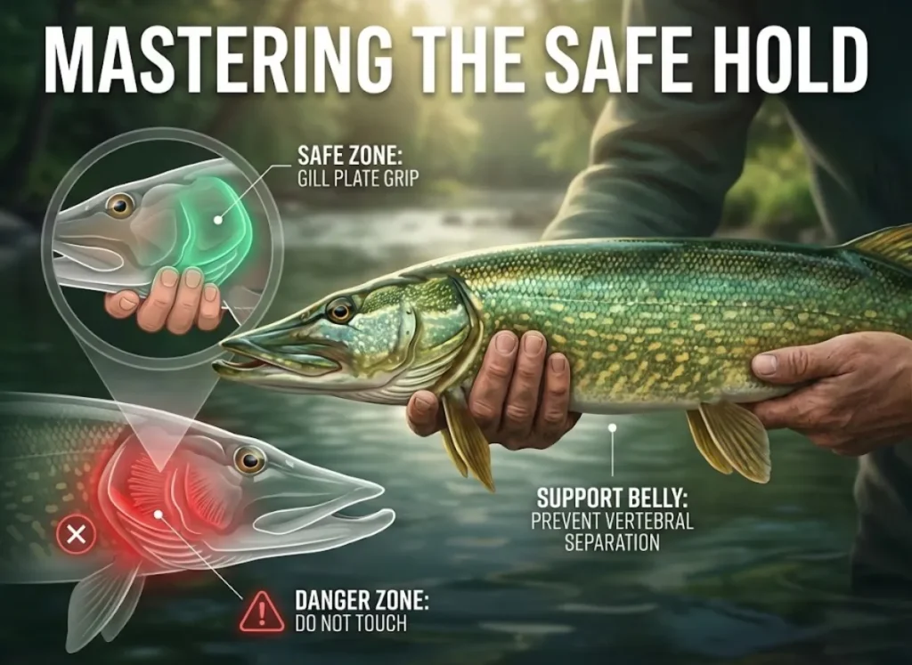 A dual-view educational illustration of a Northern Pike. The main view shows a horizontal belly hold to prevent vertebral injury. An inset close-up diagrams the "Gill Plate Grip," highlighting the safe hard bone area in green and the dangerous gill filaments in red.