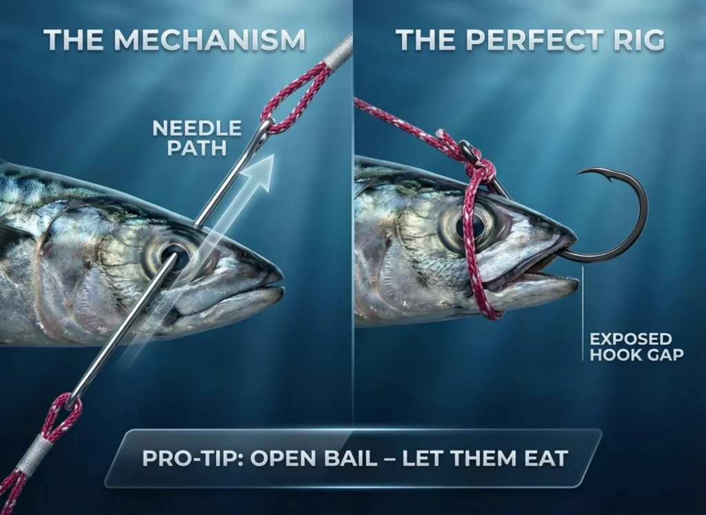 A high-definition educational infographic illustrating the bridle rigging technique for pitch baiting. The image features a split-view macro close-up of a live bait fish (Mackerel). Panel one shows a rigging needle passing a Dacron loop through the eye socket. Panel two shows the final setup with a circle hook fully exposed and secured by the bridle. Text labels indicate "Needle Path" and "Exposed Hook Gap."