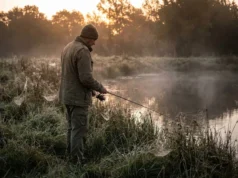 Pond Fishing Guide: Reading Water, Gear & Stealth Angler scanning a misty pond at sunrise for signs of bass activity, demonstrating stealth and observation.