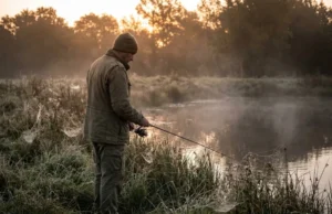 Pond Fishing Guide: Reading Water, Gear & Stealth Angler scanning a misty pond at sunrise for signs of bass activity, demonstrating stealth and observation.