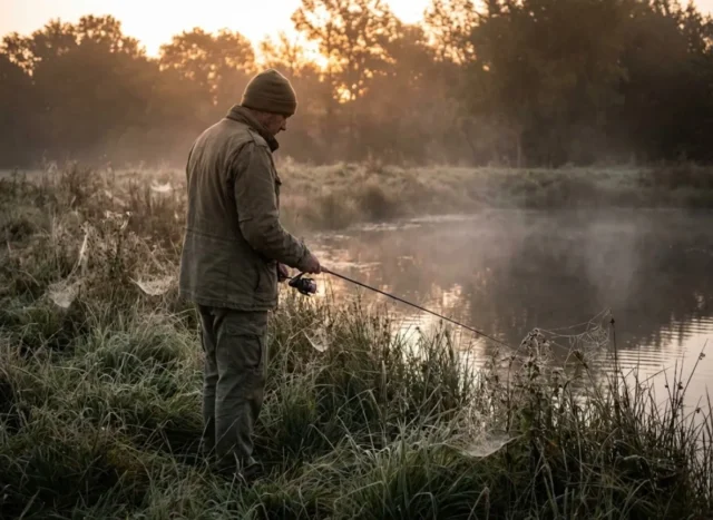 pond-fishing-guide-reading-water Angler scanning a misty pond at sunrise for signs of bass activity, demonstrating stealth and observation.
