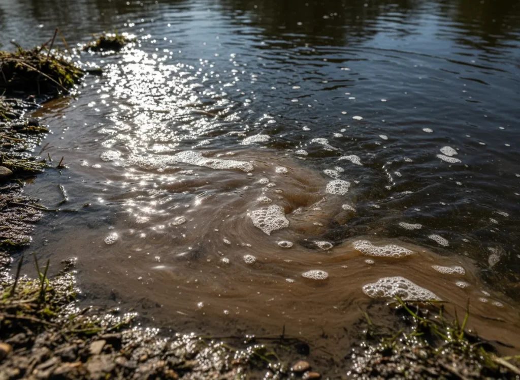 Muddy water form a creek inlet mixing with clear pond water, creating a feeding zone for fish.
