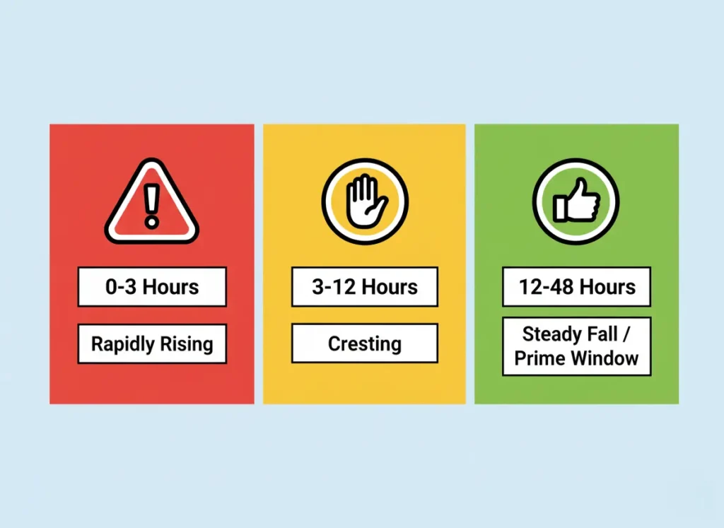 An infographic timeline for fishing after a storm, divided into three color-coded zones. The red zone (0-3 hours) shows danger and rising water. The yellow zone (3-12 hours) shows caution as the river crests. The green zone (12-48 hours) is the prime fishing window with a steady fall