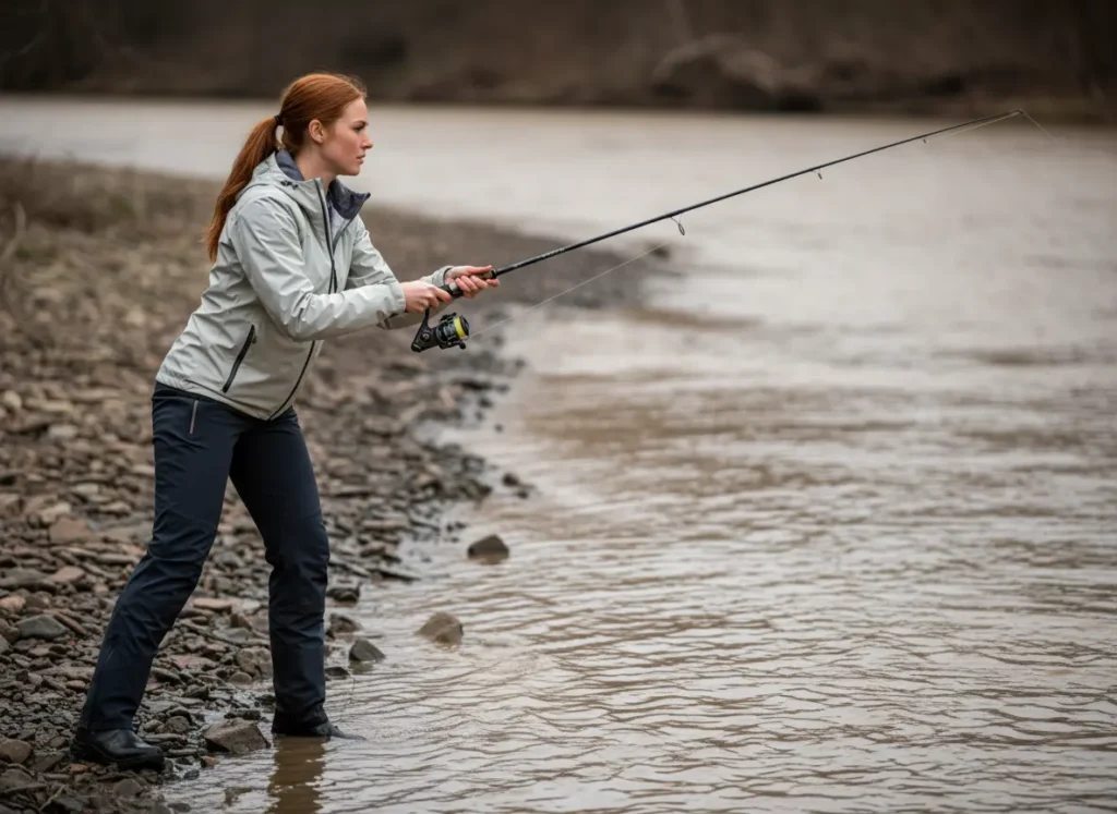 A skilled female angler casting her line along a distinct mudline in a river.